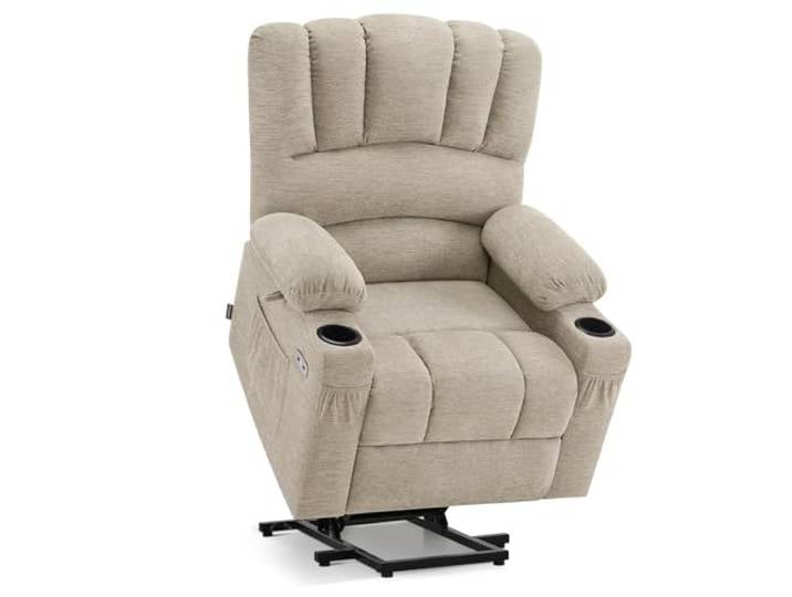 M MCombo Fernsehsessel mit Aufstehhilfe Elektrisch, Verbreiterte Rückenlehne Sessel mit Aufstehhilfe, Massage & Heizung, Relaxsessel mit Liegefunktion bis 145° USB 7102 (Stoff, Beige)
