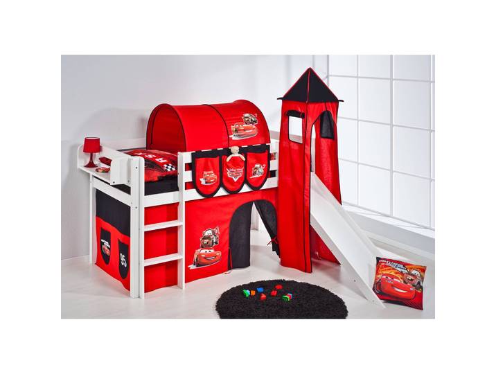 Hochbett Disney Cars 90 x 200cm Weiß mit Rutsche & Turm/mit Leiter