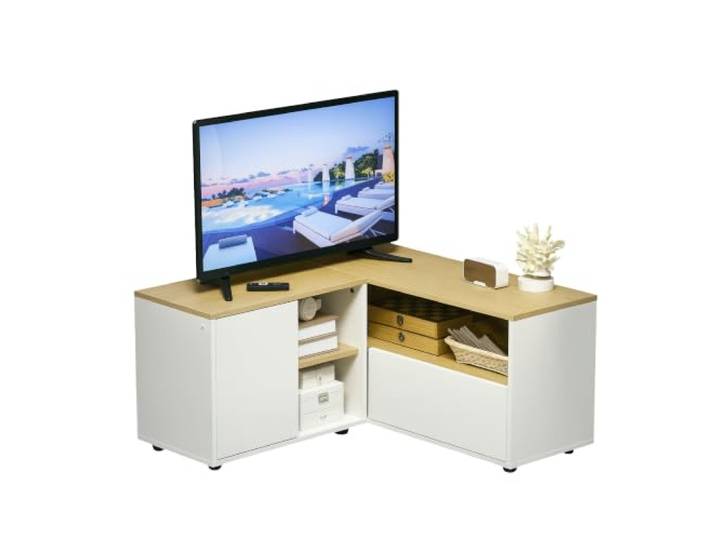 HOMCOM Eck-TV-Möbel mit Stauraum bis 40 Zoll helles Holz Weiß TV-Bank