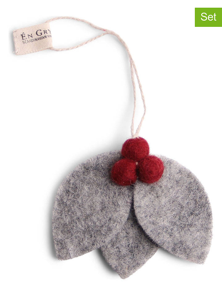 Gry & Sif 2er-Set: Dekohänger ''Leaves'' in Grau/ Rot - (L)6 x (B)7 cm - onesize