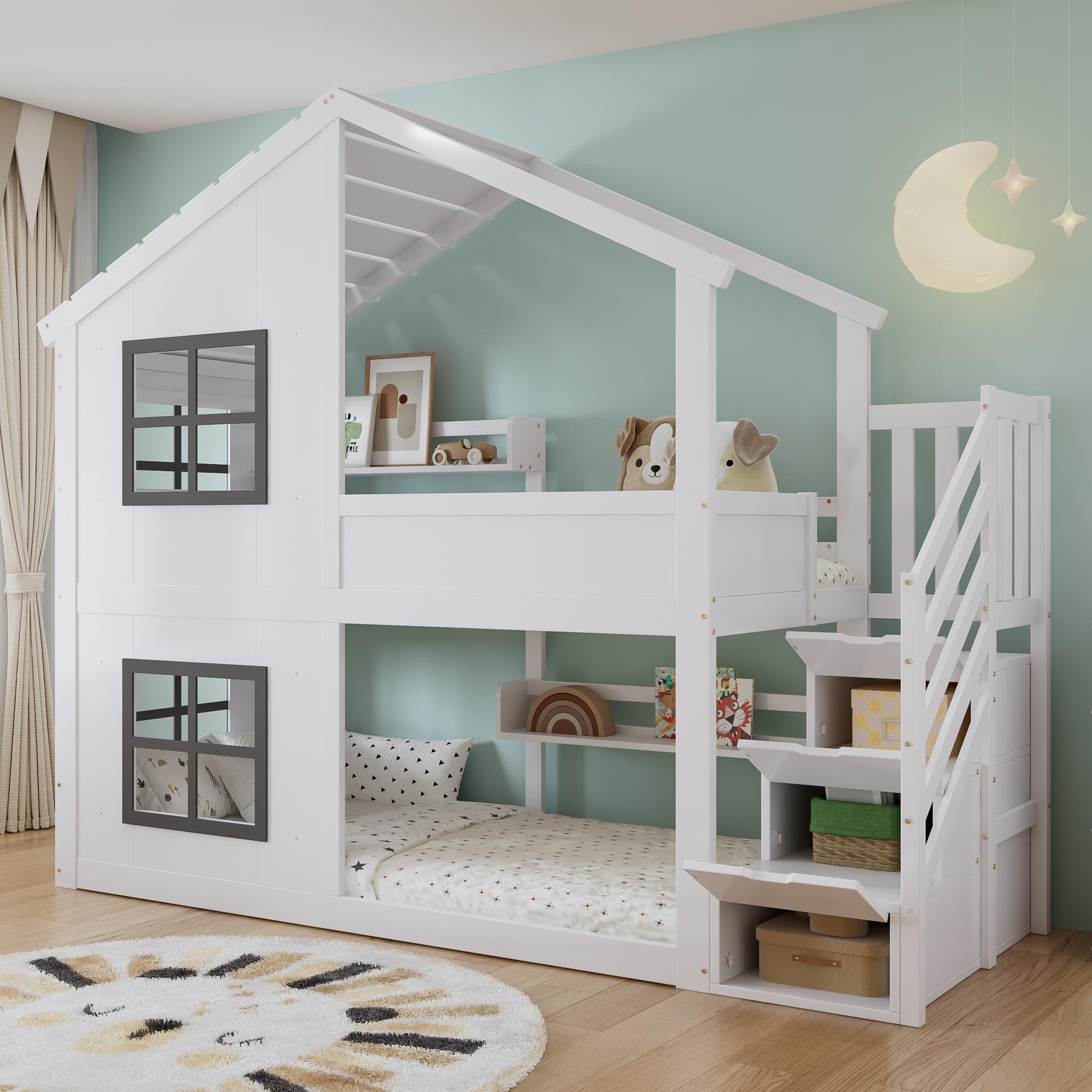 MODFU Etagenbett 90x200 Kinderbett mit Treppe und Stauraum,Hochbett Jugendbett mit Fenster,Dach und Lattenrost,ohne Matratze,Weiß