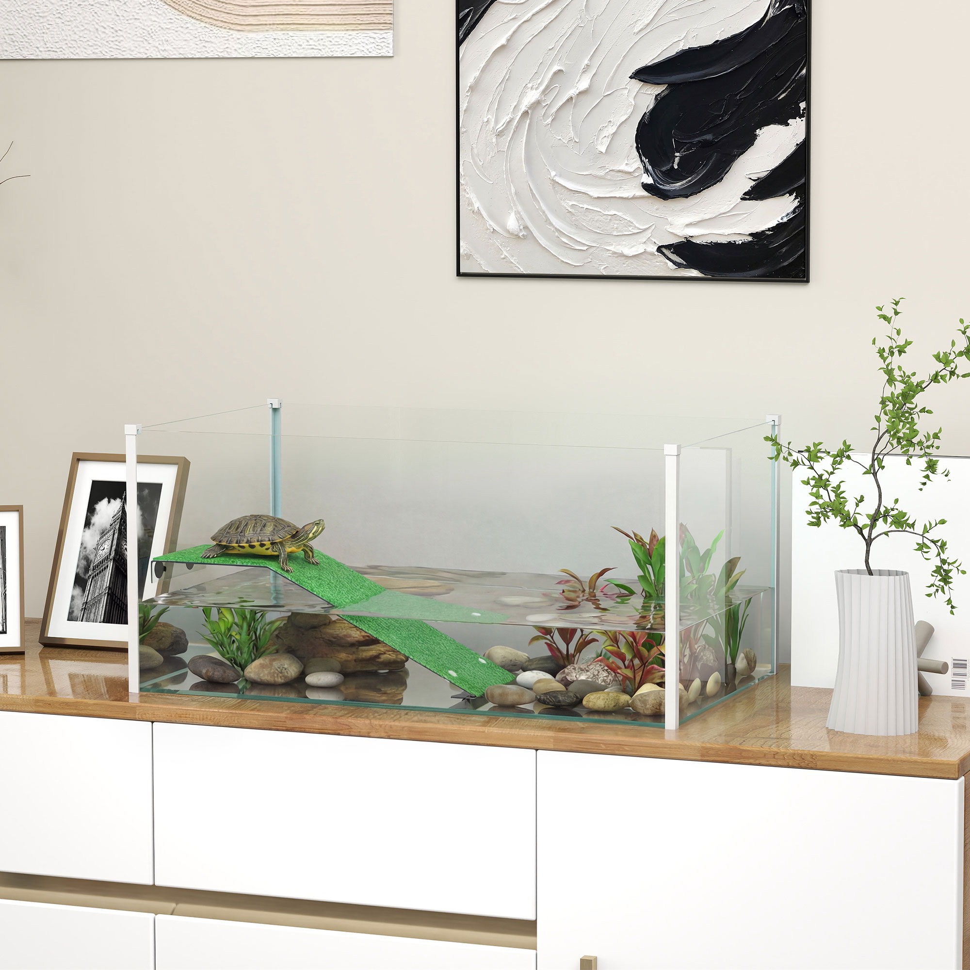 Pawhut Acquario per Tartarughe Terrario di Tartarughe con Piattaforma Rampa e Vista Panoramica 360° 60x35x28 cm Bianco   Aosom Italy