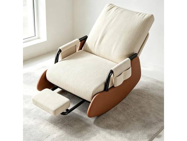 Schaukelsessel Modern mit Ausziehbarer Beinablage Wohnzimmersessel mit harmonischer Wippfunktion und durchdachter Seitenaufbewahrung.
