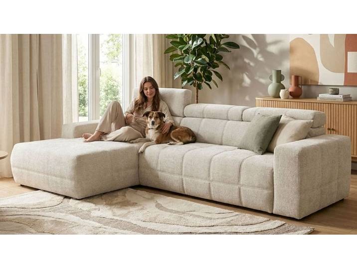 Ecksofa OTTO HOME Ballerup 235 x 175 cm, auch mit verstellbarer Sitztiefe , beige (silber), B:285cm H:80cm T:175cm, 100% Polyester, Sofas, Ecksofa, Kopfteile & Sitztiefe verstellbar, Pet Friendly Bezug, L-Form
