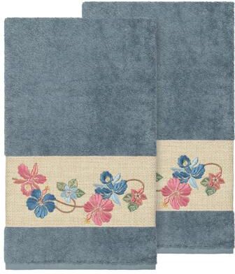 Authentic Hotel and Spa Turkish Cotton Floral Vine Embroidered Teal Blue 2-piece Bath Towel Set