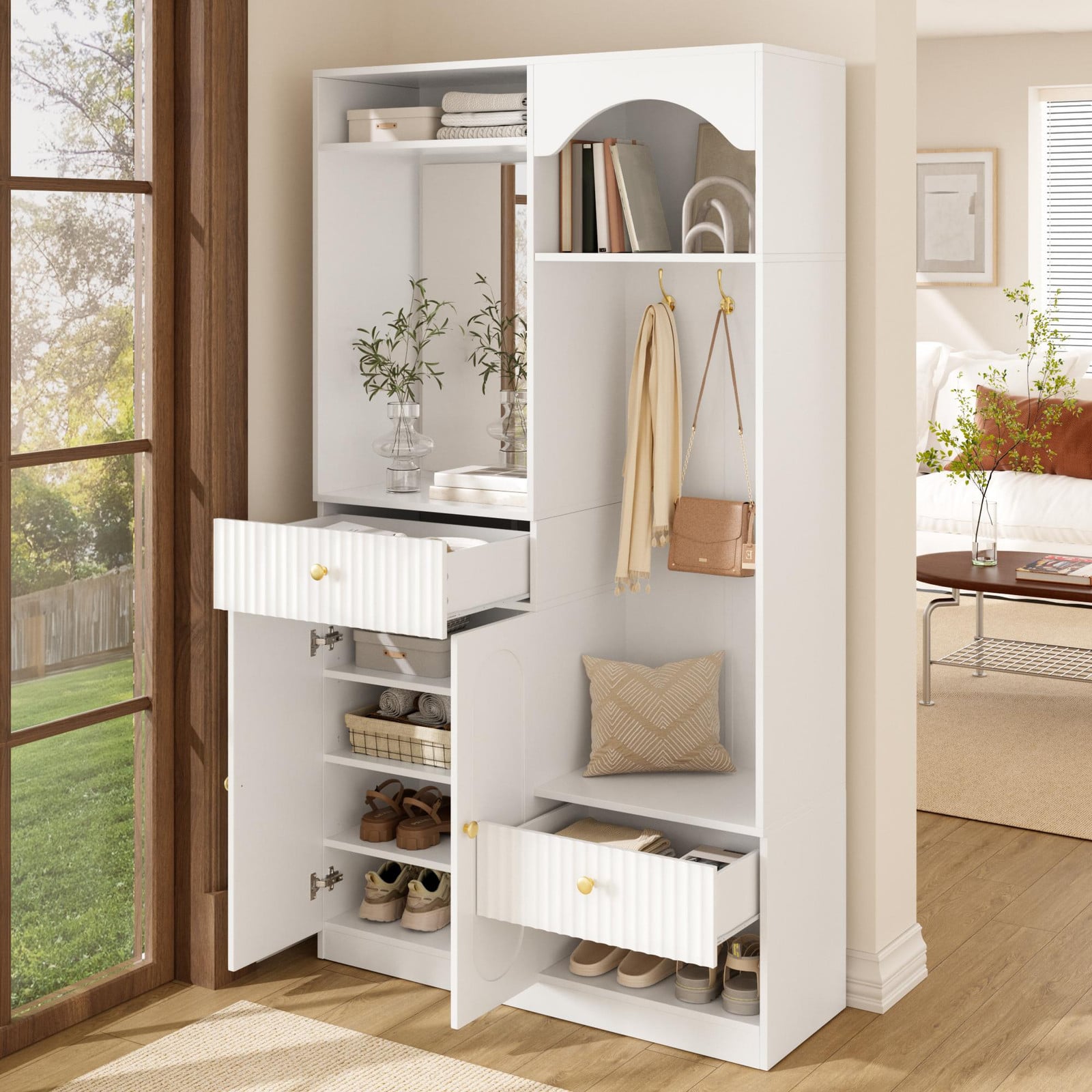 STILVORA Compacte garderobe met spiegel, zitbank, schoenenkast en kledinghaken inclusief LED-strips met kleurverandering
