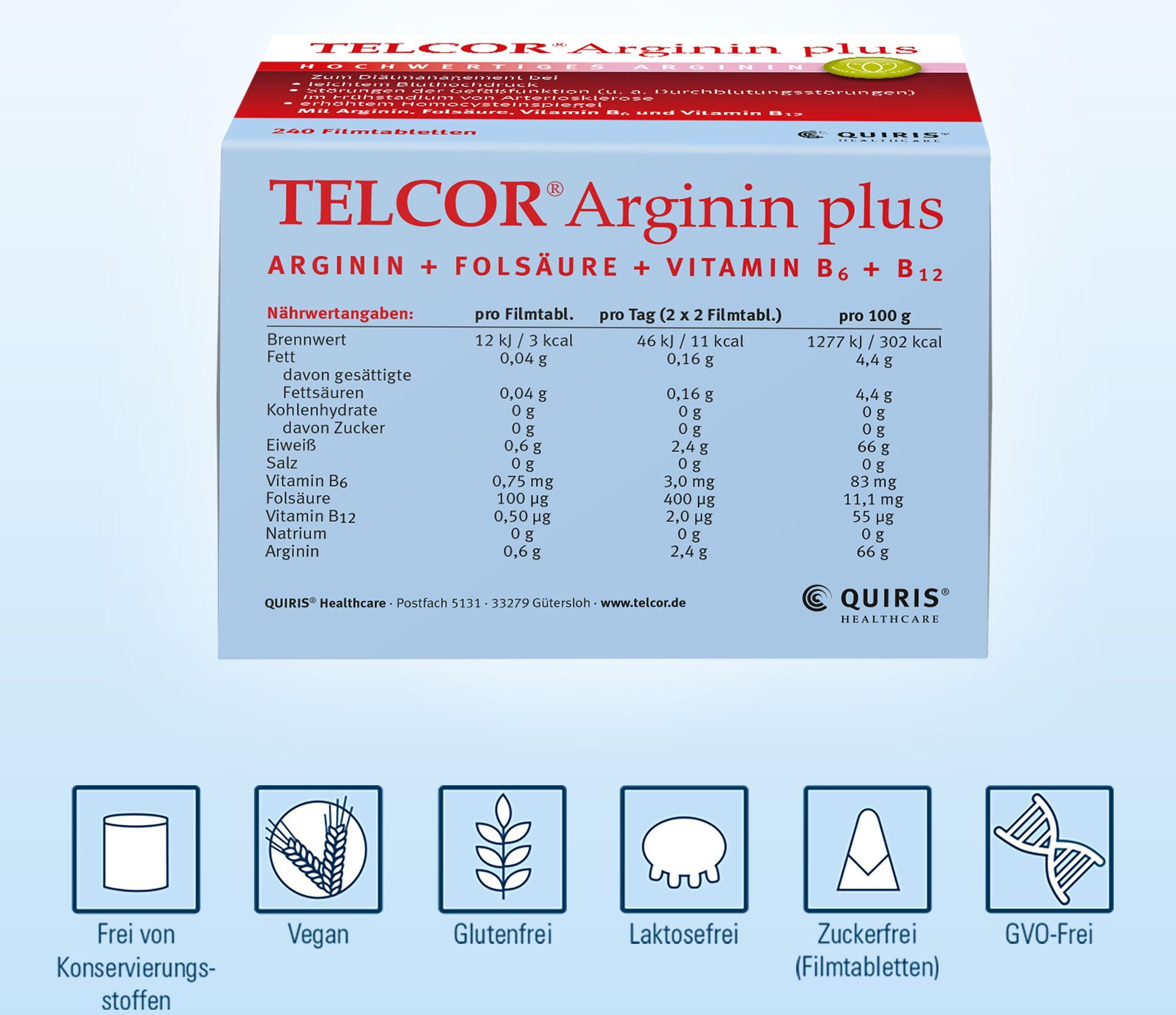 Telcor Arginin plus B-Vitamine zur Unterstützung bei leichtem Bluthochdruck + Durchblutungsstörungen Filmtabletten 60 St 60 St Filmtabletten