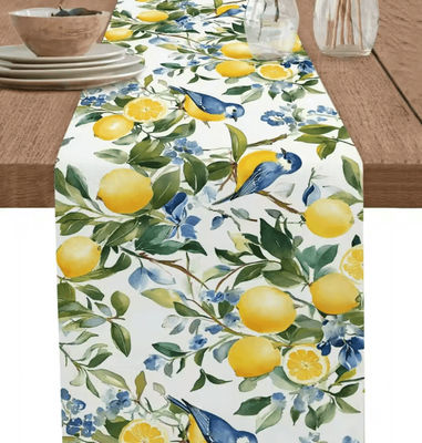 Inspire Curations Vintage Lemon Tree Table Runner Blue Birds Linen Coastal Farmhouse Table Decor 01 150x33cm 59x13inch