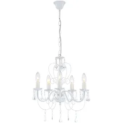 Pendelleuchte weiß Kristall Lampe Kronleuchter Wohnzimmerleuchte Esszimmerlampe Hängelampe, 5-flammig hängend, 5x E14, DxH 44x129 cm