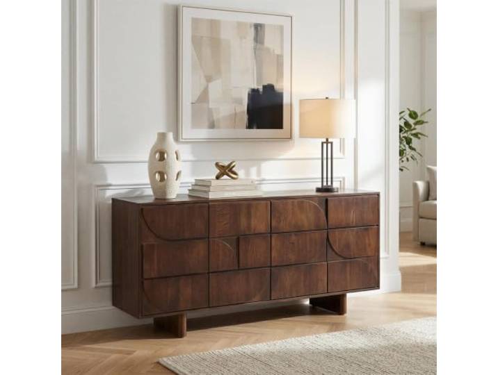 IDIMEX Sideboard MAWARI aus massivem Mangoholz, Braun - Kommode mit skulpturaler Frontgestaltung, Anrichte mit Vier Türen, Zwei getrennte Innenbereiche, ideal für Wohnzimmer, Flur oder Arbeitszimmer