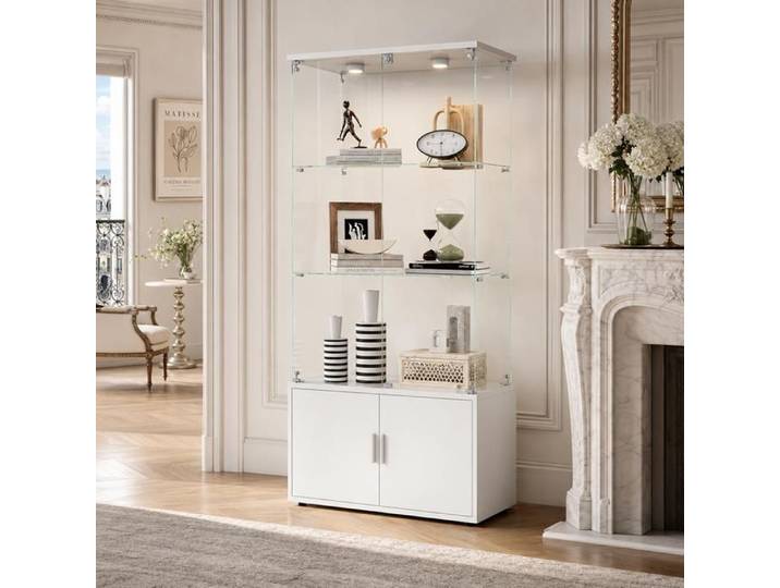 Vitrine 3 Étagères Verre Trempé Blanc Moderne Salon