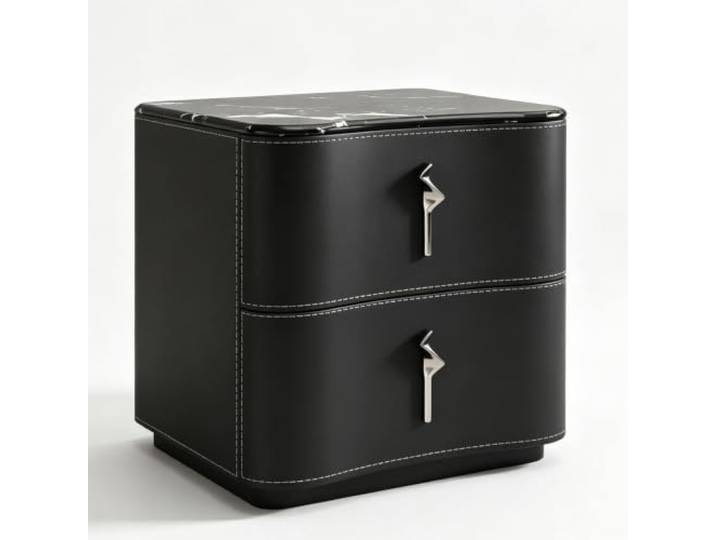 Nachttisch Schlafzimmer Moderner Beistelltisch mit Lederkante Holzrahmen 2 Schubladen Stauraum Metallgriffe Wohnaccessoires(Black)