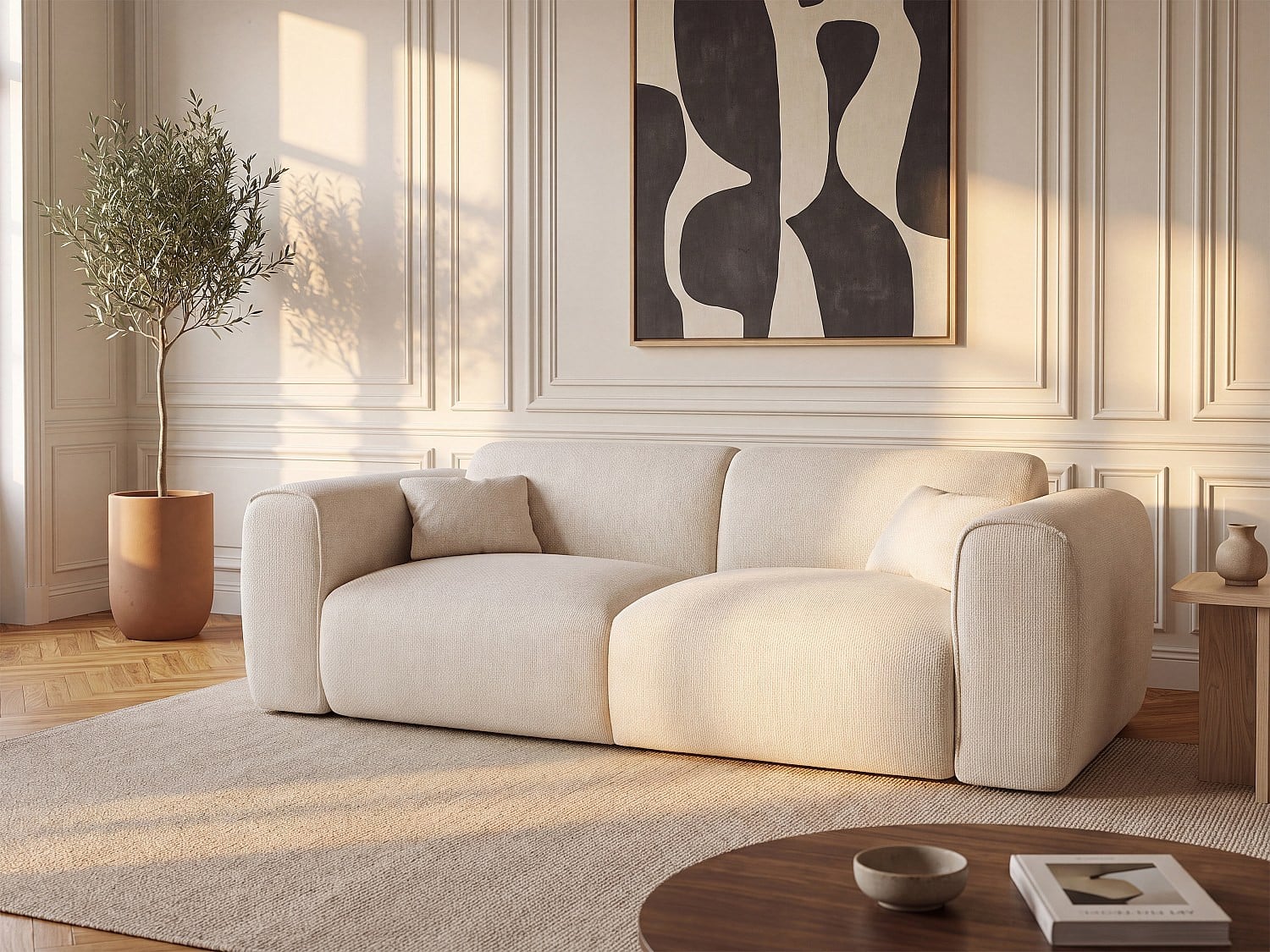 POGNIA Driezitsslaapbank Express in beige textiel met slaapoppervlak van 140 cm