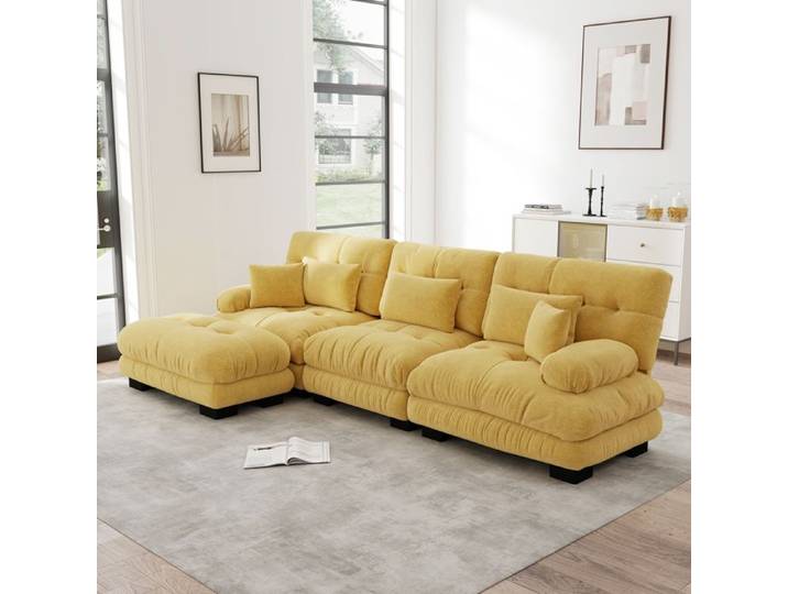 Canapé d'angle Canapé convertible – style Cloud jaune avec pouf en chenille