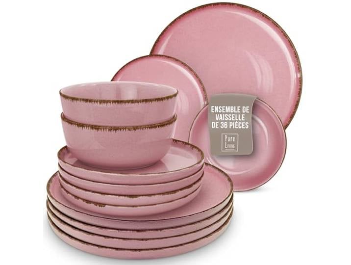 Steingut Geschirrset 12 Personen Rustic 36 tlg. TESTSIEGER, Hochwertiges Landhaussttil Steingut Geschirr Set, Schüssel- und Teller Set, Tafelservice 12 Personen, Geschirrsets Pure Living in Rose