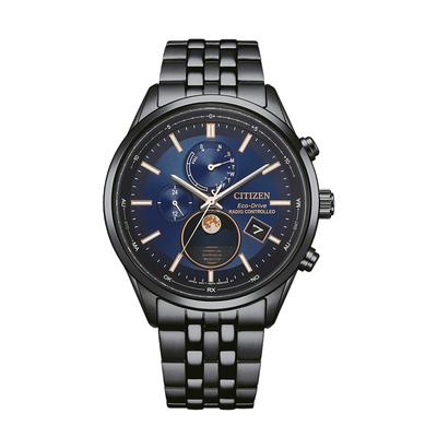 Funkuhr CITIZEN "Funkuhren Mondphase", schwarz (schwarz, blau), Armbanduhren, Herren, Funkuhr, Quarzuhr, Armbanduhr, Herrenuhr, Edelstahlarmband, analog, Big Date