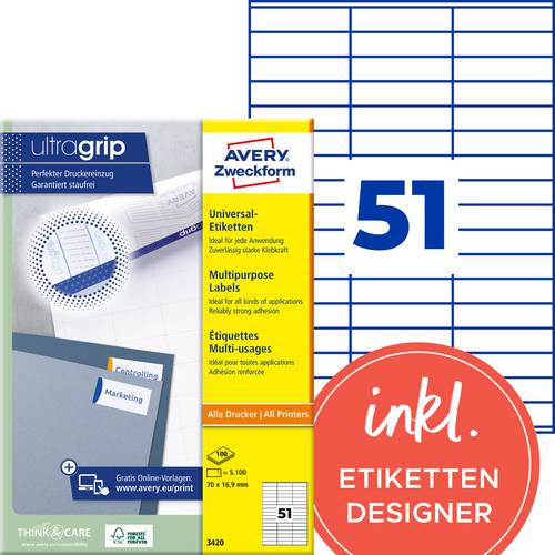 Avery-Zweckform 3420 Universal-Etiketten 70 x 16.9mm Papier Weiß 5100 St. Permanent haftend Tintenstrahldrucker, Laserdrucker