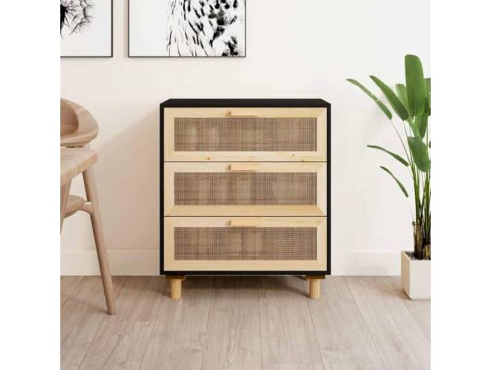 HEFZGDB Massivholz Sideboard in Schwarz mit natürlichem Rattandesign, Sideboard für Wohnzimmer mit Stauraum und Dekoplatte, mit Schubladen und Rattanfront, mit DREI Schubladen