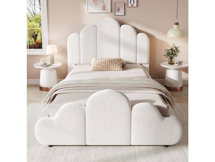 ROVRYN Lit 1 place 90 x 200 cm rembourré bouclé beige avec sommier à lattes