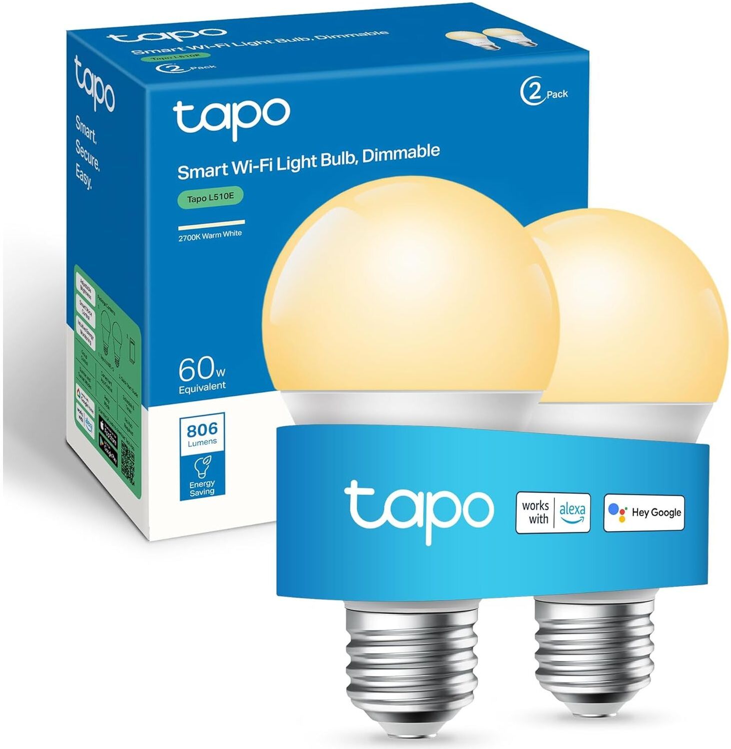 Tapo Smart Bulb E27 (2-Pack) – 8.3W Energy-Saving, Dimmable Warm White, Works with Alexa & Google Home (Tapo L510E), New