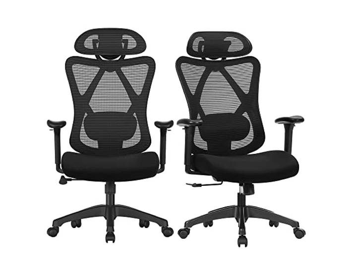 SONGMICS Bürostuhl ergonomisch, 2er Set, Netzstuhl, höhenverstellbar Schreibtischstuhl, verstellbares Lenden- und Kopfkissen, bis 150 kg belastbar, tintenschwarz