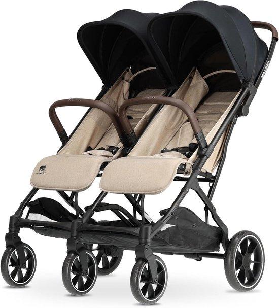 Doppelkinderwagen - Reisebuggy Compact - Komfortabel unterwegs - XL-Geländereifen - 22 kg Tragkraft pro Sitz - Nougatfarbe