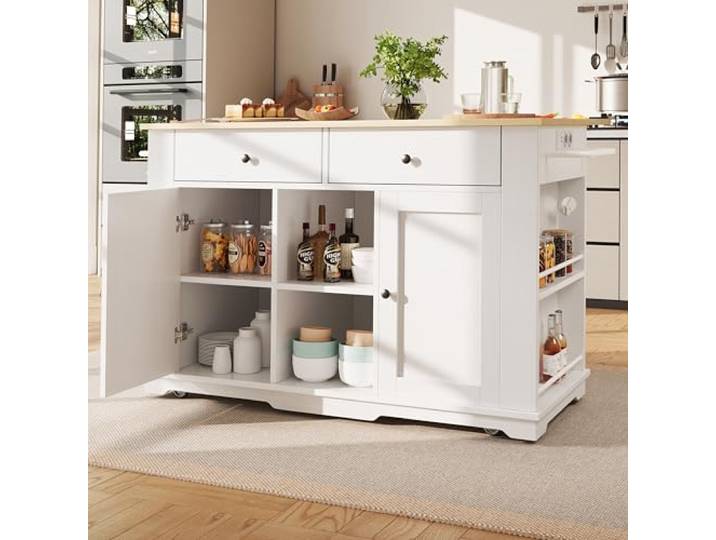 FammyLoft Kücheninsel mit Rollen, Mobile Küchenschrank mit Steckdosenleiste Ausgestattet, Küchenkommode mit Klappbarer Arbeitsplatte, Küchen Sideboard, für Esszimmer, 151,5cm, Holzmaserung, Weiß