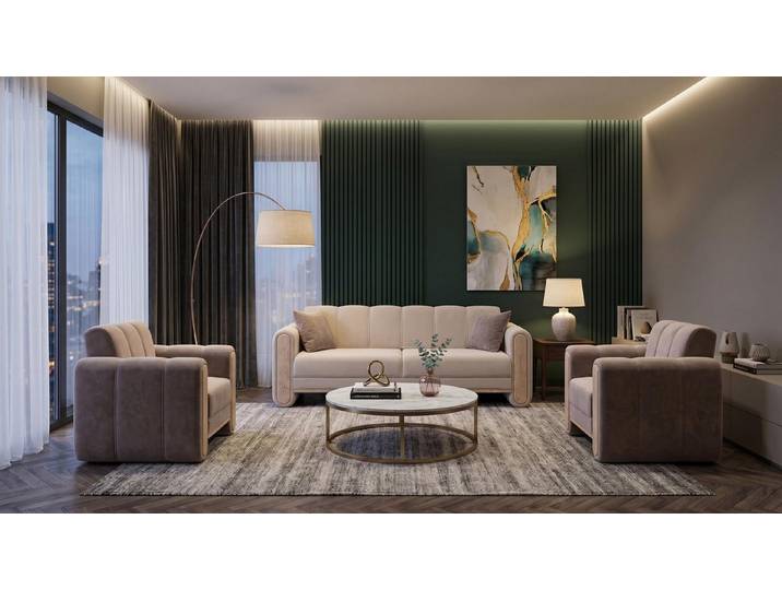 JVmoebel Polstergarnitur Beiges Sofa-Set Sofas Stoffsofa und zwei Sessel Wohnzimmer, (3-tlg), Made in Europa