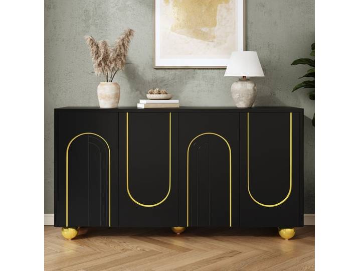 Buffet 4 Portes Noir 140x40x74 cm Décor Lignes Arquées Dorées Meuble de Rangement Bas pour Salle à Manger Entrée et Salon