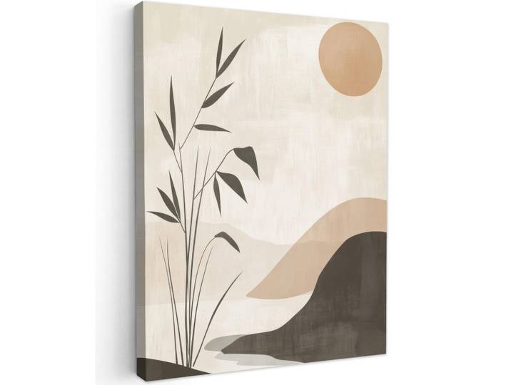 MuchoWow Leinwandbild - Japandi - Landschaft - Beige - 60x80 - Gemälde, Cognac, Textil, Kiefer, Abstrakt, Rechteckig, 60x80 cm, gerahmt, Bilder & Rahmen, Bilder, Wandbilder