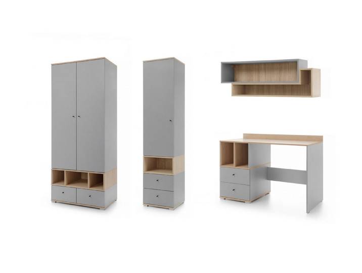 Deine Möbel 24 Jugendzimmer-Set OLAF C (1+5+7+2) Kinderzimmer - Set Jugendzimmer, (Set, 4-tlg., Kleiderschrank Schreibtisch Regal Hängeregal), OLAF Kollektion Grau Eiche