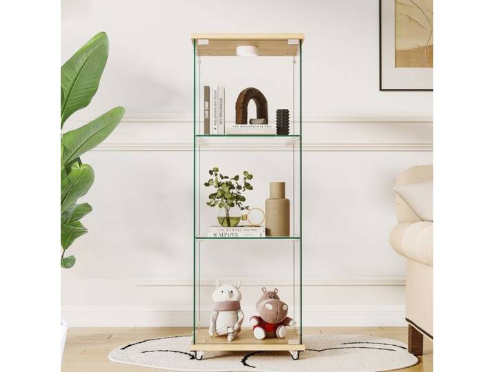 Luscriate - Vitrine 42.5x36.5x120 cm avec 1 porte vitrée 3 étagères en verre roulettes et LED - Marron