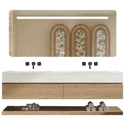 【RW4822-130BKK】Waschbecken Doppelspüle Spüle mit zwei Becken Waschbecken Set Spüle ohne Armaturenloch Keramik mit LED-Spiegel, Ablageplatte, Schrank