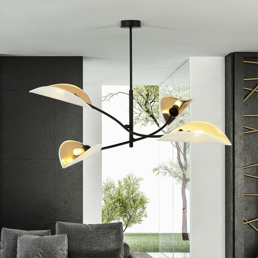 Wonderlamp Lámpara colgante con estructuras curvadas y 4 pantallas de tela blanca