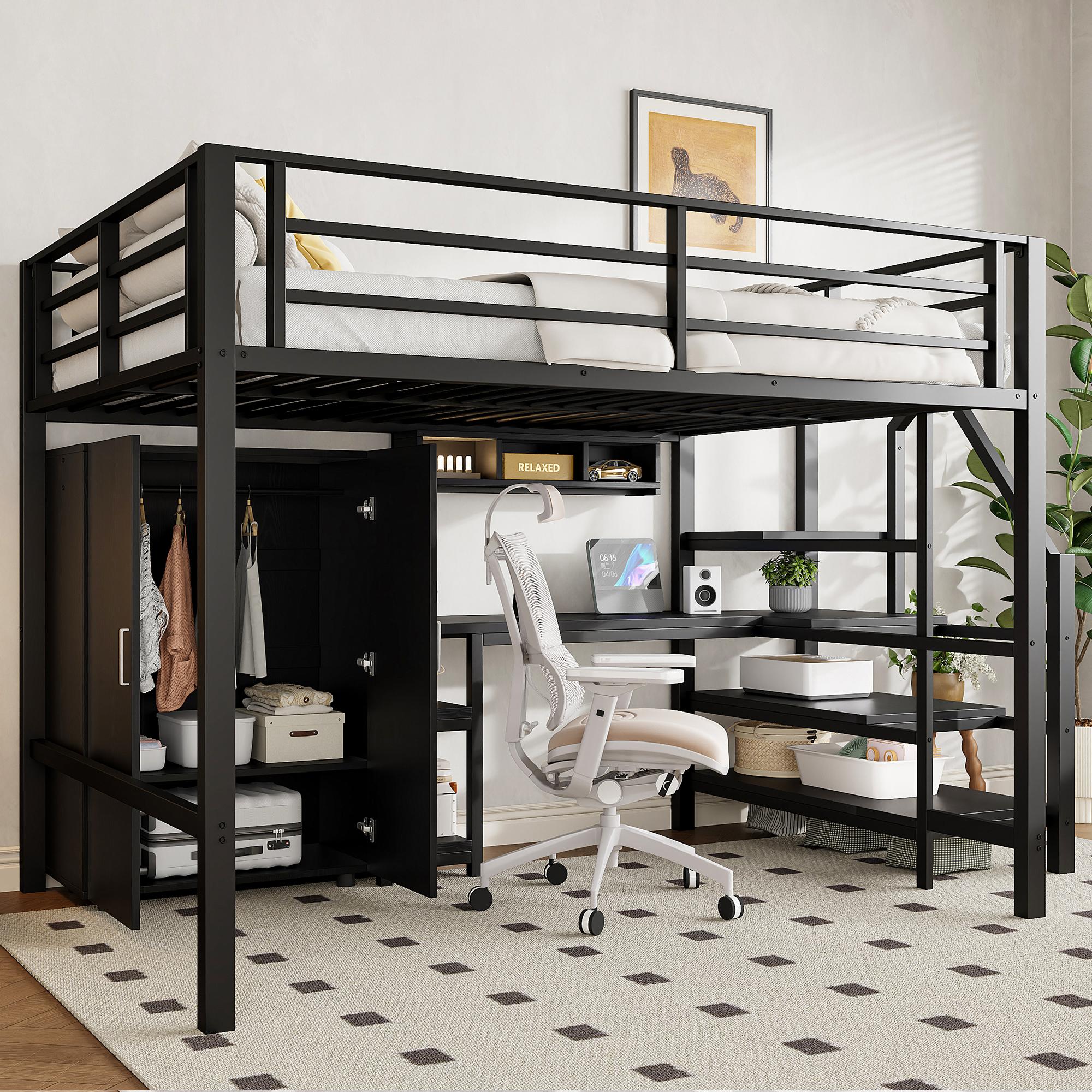 Merax Etagenbett Hochbett 140x200 cm, Kinderbett mit Schreibtisch, Kleiderschrank, Ablageleiter, Regal, Metall Jugendbett, Stockbett, Schwarz