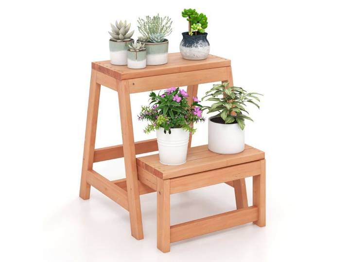COSTWAY Escabeau 2 Marches Marche Pied Pliable 3 en 1 Structure en H Jardiniere Balcon Charge 250 kg 50 × 39 × 45 cm Naturel