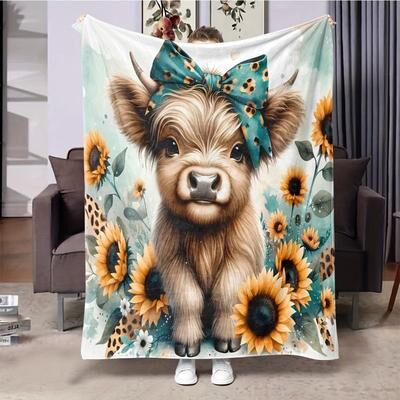 Shop Station Sunflower Highland Cow Flannel Throw Blanket Soft Cozy Farmhouse Fleece Blanket For Bed, Sofa & Office green 70x100cm