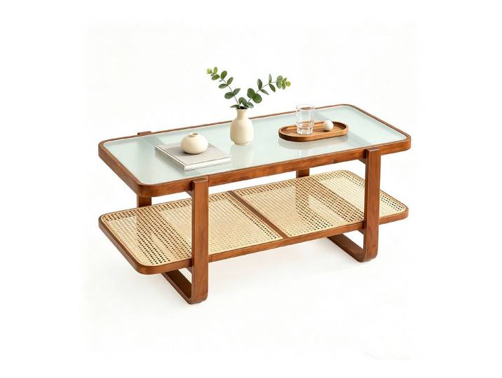 KOMFOTTEU Couchtisch Wohnzimmertisch Beistelltisch, mit Glasplatte & Rattan Ablage