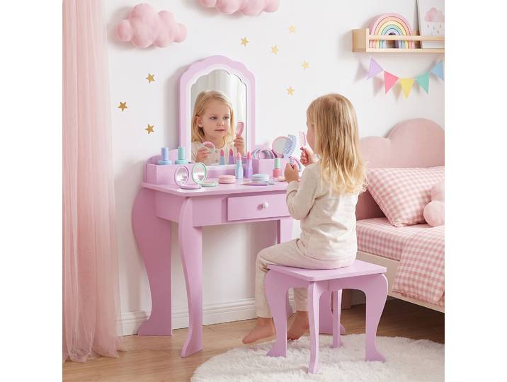 ZONEKIZ Coiffeuse Enfant Rose avec Miroir, Tabouret et Tiroir Bois