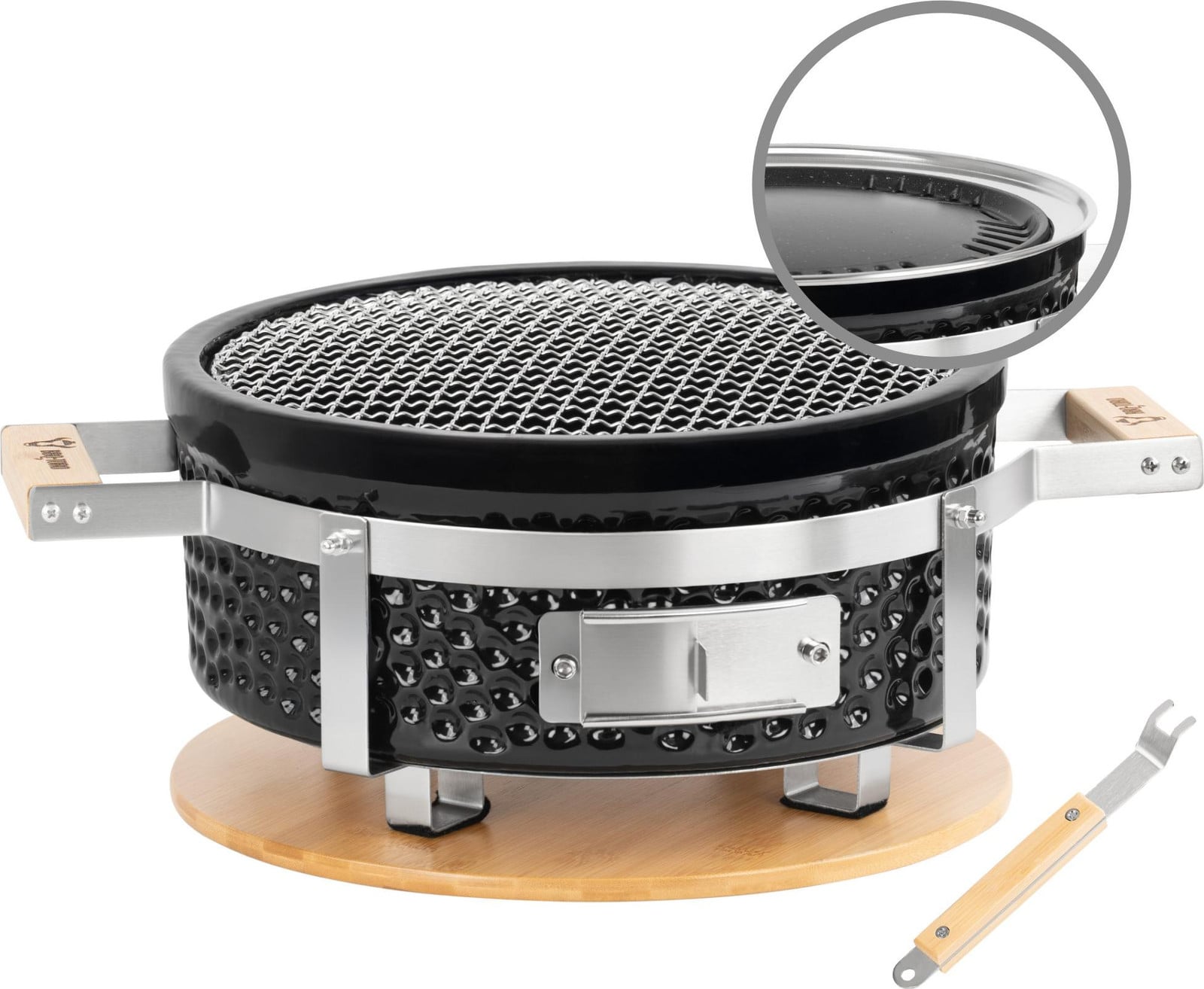 BBQ-Toro Keramische Tafelgrill Hibachi-grill met houten ondergrond, rond, Diameter: 29,5 cm