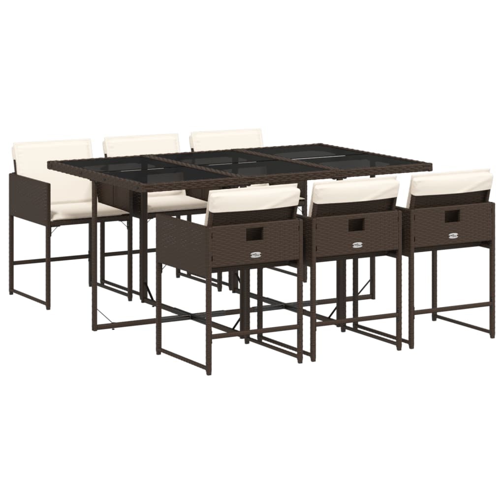 Garten-Essgruppe 7-teilig, für Außenbereich, Poly Rattan & Hartglas, platzsparend stapelbar, mit 6 Stühlen & cremeweißen Kissen, Braun