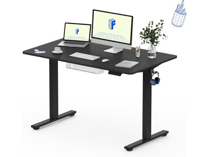 FlexiSpot Bureau Assis-Debout Électrique 120x60cm Bureau Réglable en Hauteur avec Étagère et Crochet Plateau d'une Pièce Noir