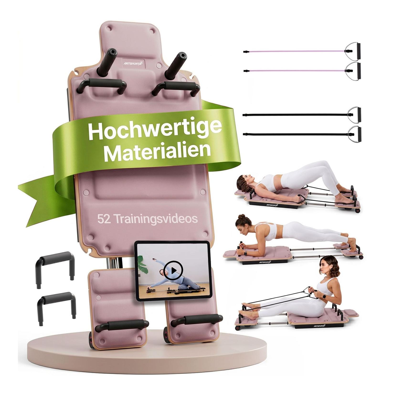 ARTSPORT® Pilates Reformer Board Movea in Rosa - Ganzkörper-Fitnessgerät mit 6 Trainingsbändern, Mini Reformer inkl. 52 x Trainingsvideos