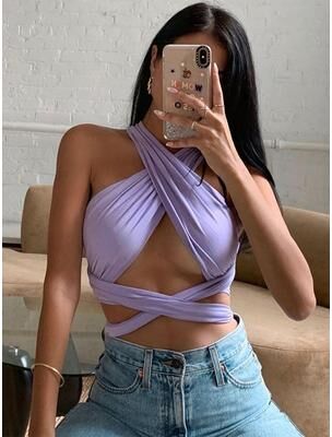 Lush Living Finds Sienna Criss Cross Halter Crop Top Backless Summer Going Out Top For Womens purple m