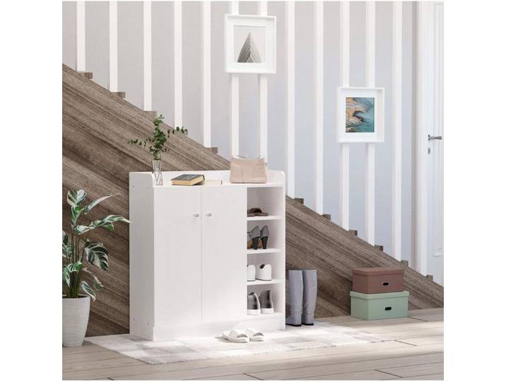 VUENOR Meuble à chaussures blanc 83x30x90 cm – 2 portes et 4 étagères