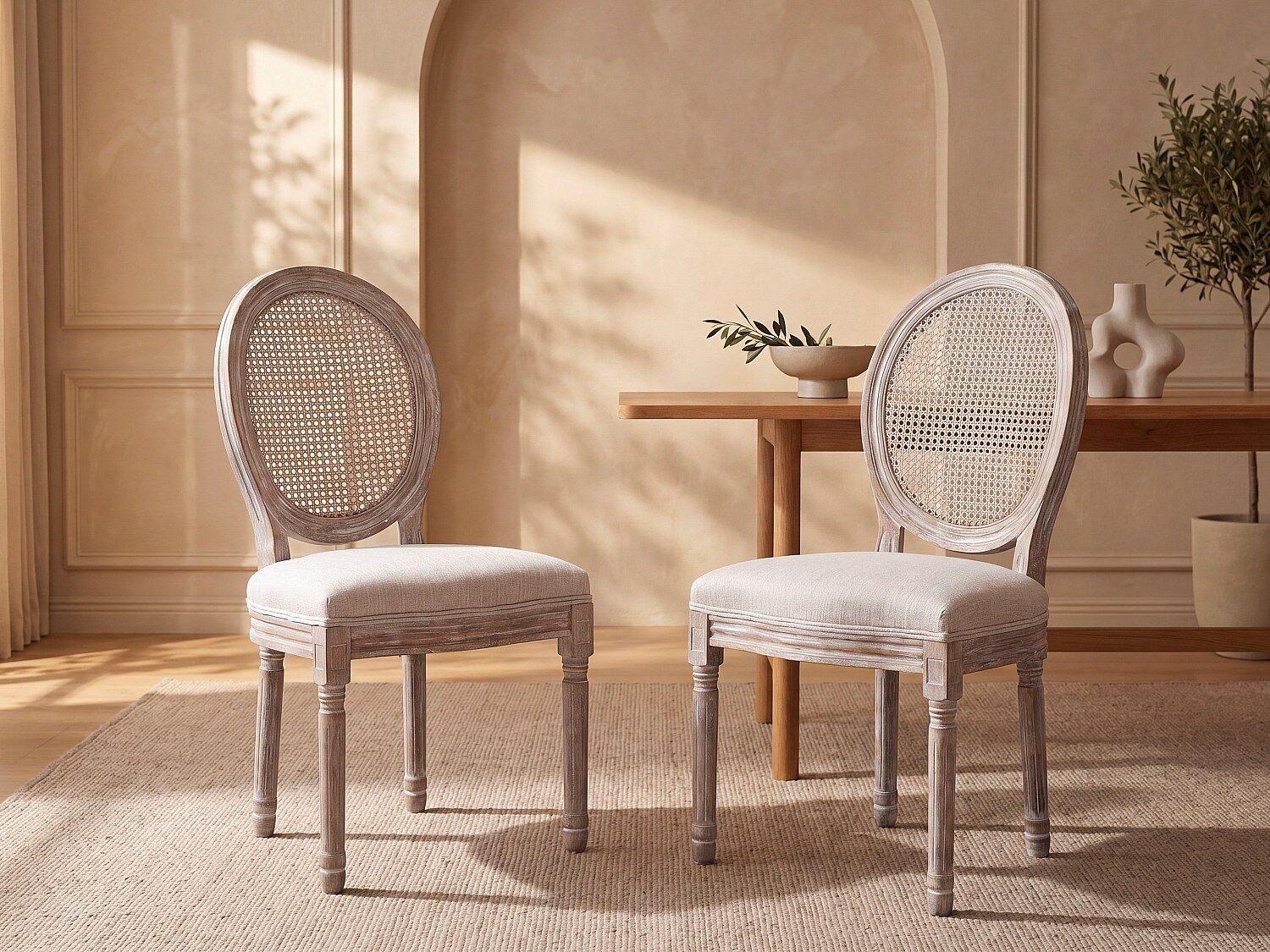Unique Juego de 2 sillas - Rejilla, tela y madera de hevea - Beige - ANTOINETTE