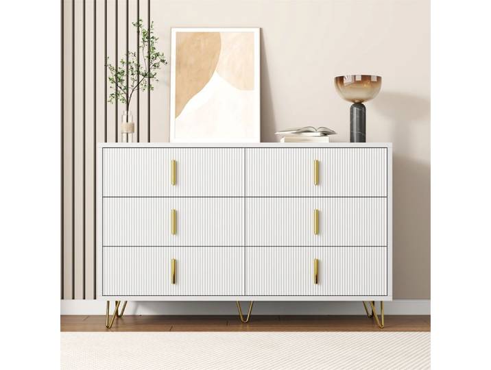 Commode Elégante avec 6 Tiroirs Buffet Salon Moderne et Minimalist Poignées Dorées Blanc 120x40x77cm