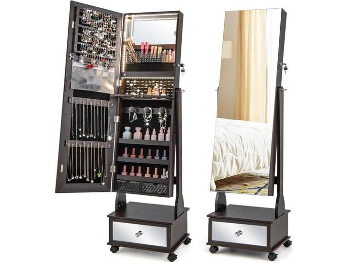 GOPLUS Armoire à Bijoux avec Roues Verrouillable-Miroir de Courtoisie Interne et Pleine Longueur-Lumières LED Marron