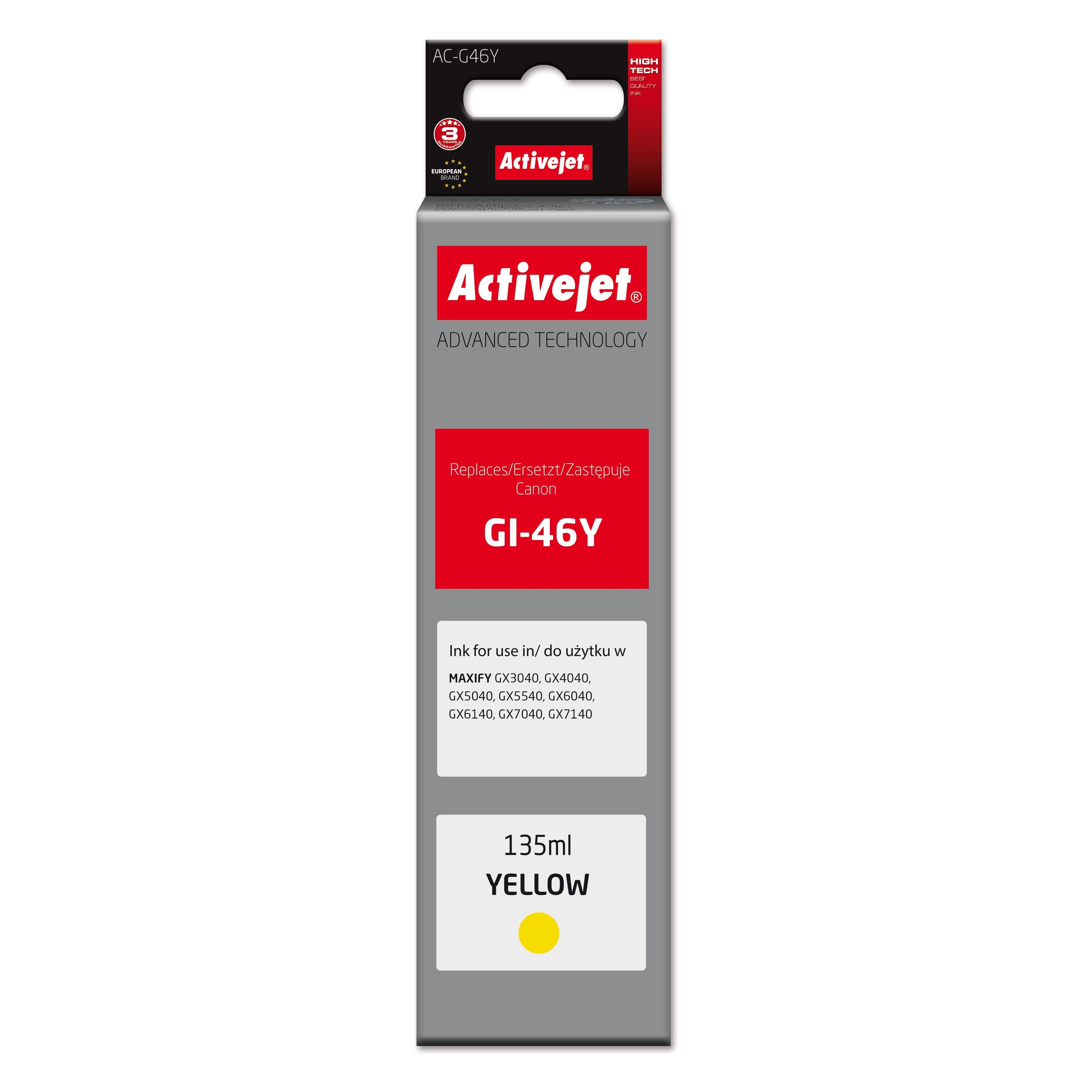 Activejet AC-G46Y Tintenpatrone für Canon-Drucker Ersatz für Canon GI-46Y Supreme 135 ml gelb (AC-G46Y)