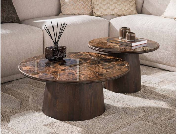 Couchtisch Set Violay , 2-teilig , rund , Keramik , dark emperador